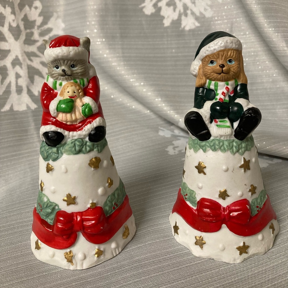 Festive Cat & Dog dinner bell Figurines with Red and Green Accents